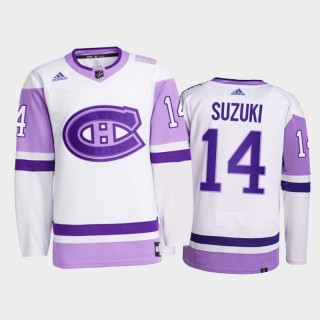 Nick Suzuki #14 Montreal Canadiens 2021 Hockey Fights Cancer White Primegreen Jersey