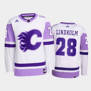 Elias Lindholm #28 Calgary Flames 2021 HockeyFightsCancer White Primegreen Jersey