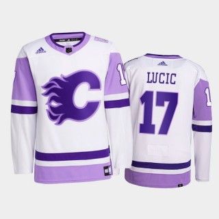 Milan Lucic #17 Calgary Flames 2021 Hockey Fights Cancer White Primegreen Jersey