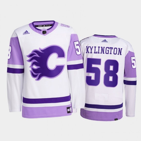 Oliver Kylington #58 Calgary Flames 2021 Hockey Fights Cancer White Primegreen Jersey