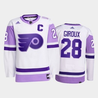 Claude Giroux #28 Philadelphia Flyers 2021 Hockey Fights Cancer White Primegreen Jersey