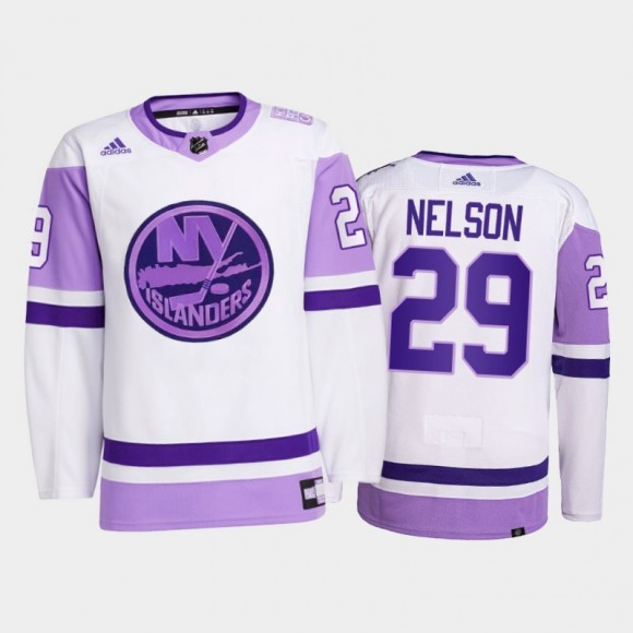 New York Islanders 2021 HockeyFightsCancer Brock Nelson White #29 Primegreen Jersey