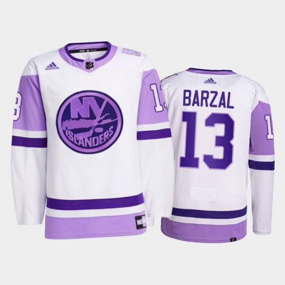 New York Islanders 2021 Hockey Fights Cancer Mathew Barzal White #13 Primegreen Jersey