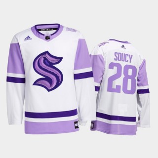 Carson Soucy #28 Seattle Kraken 2021 Hockey Fights Cancer White Special Jersey